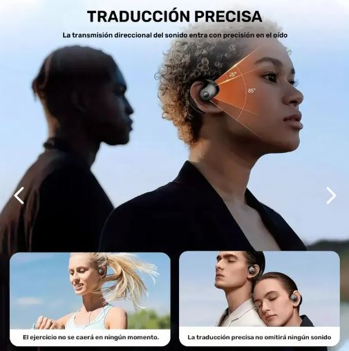 Persona usando los audífonos traductores Solcic con traducción precisa